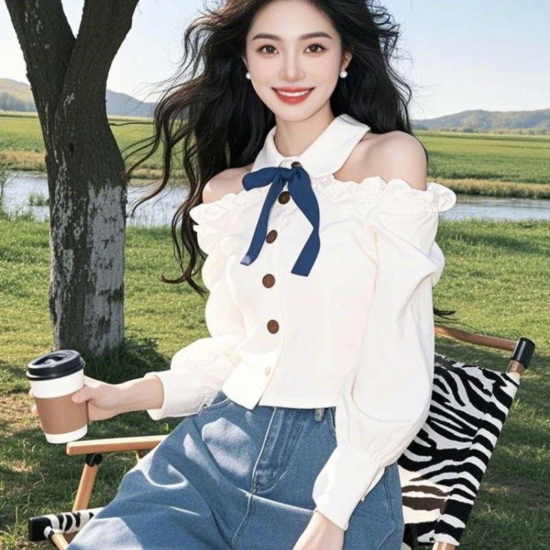 

French Women's blouses Korean shirts FASHION Loose Spring/Summer Ruffles Clothing Strapless Long Sleeve women tops