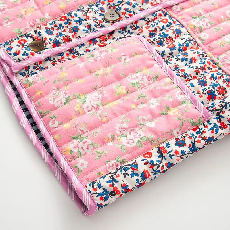 2025 Winter New Women's Casual Fashion Loose Design Reversible Plaid Floral Stand Collar Long Sleeve Cotton Coat