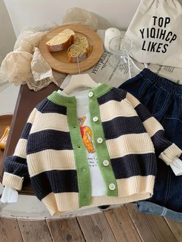 Striped Children's Knit Cardigan 2 New Children's Sweater Cardigan, Spring and Autumn Striped Stylish Fashion Baby Color-Blocking Autumn Style 2