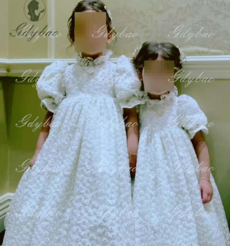 Vestido elegante de encaje con mangas abullonadas y cuello alto para niña, vestido de princesa de cintura alta, vestido de primera comunión personalizable