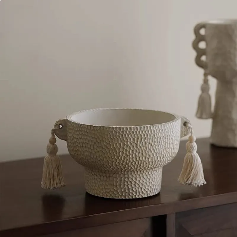 New Chinese Style Cement Planter with Tassel Two-Eared Succulent Pot Home Hotel Decor