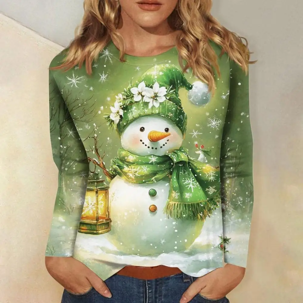 Women's 3D Christmas Snowflake Snowman Printed Round Neck Long Sleeve T-shirt Casual Long Sleeve Top Party Loose Women's Top