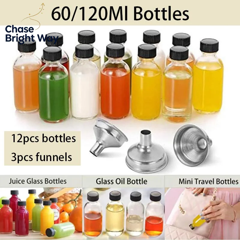 12Pc Glass Bottles With Lids & 3 Funnels - 60/120Ml Bottles 2/4 Oz Clear For Jui