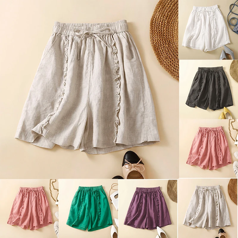 [75% Linen + 25% Cotton] Literary 2024 Summer Retro Wood Ear Side Cotton Linen Pants Tied Elastic Waist Wide Leg Pants Shorts