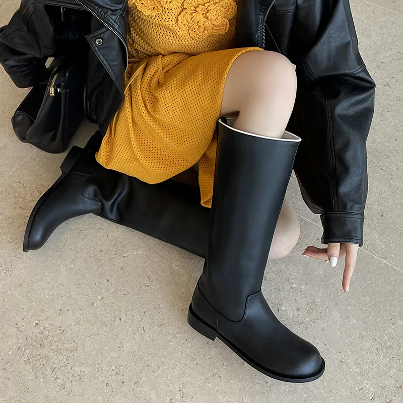 

Arden Furtado Autumn black cowhide Riding boots Round toe Pull-on Low heel Knee high boots Large size Mixed Colors Women's Boots