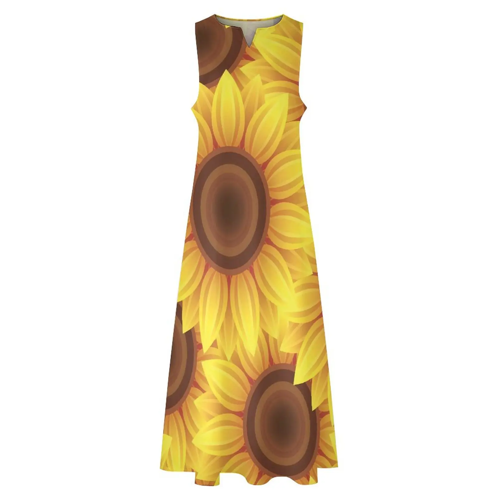 Abito con stampa girasole Abito lungo con fiori gialli Abbigliamento da strada Abiti lunghi bohémien Abiti dal design senza maniche primaverili Taglia grande 5XL