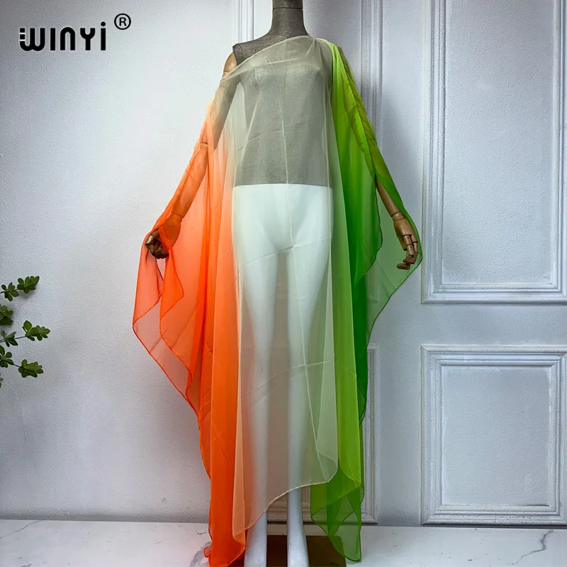 WINYI 2024 new bohemian Perspective sexy dress tulle print kaftan summer women elegant holiday cover up beach women maxi dress