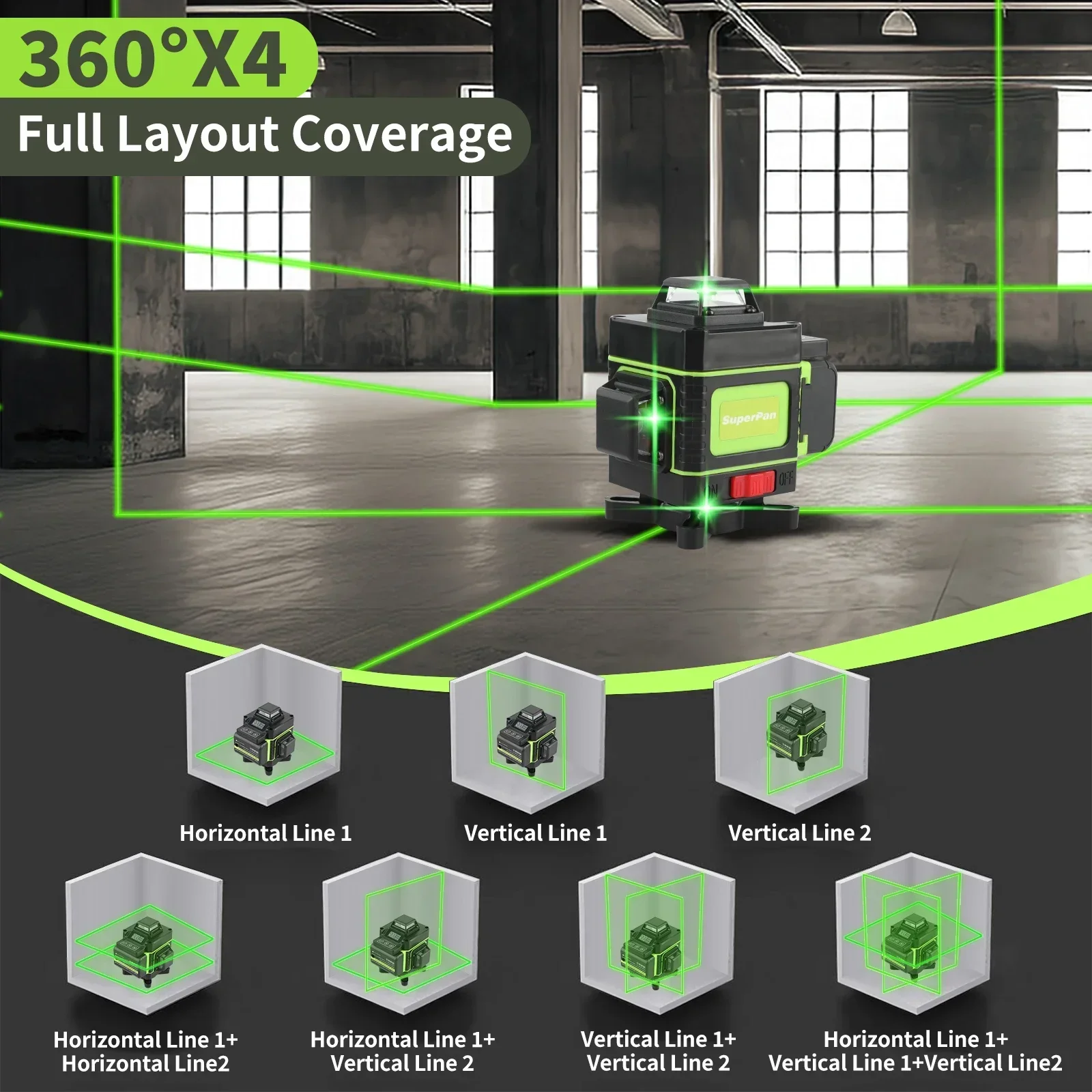 أداة مستوى الليزر مع 16 خطًا، التسوية الذاتية 4D، 360 ليزر أخضر أفقيًا وعموديًا فائق القوة