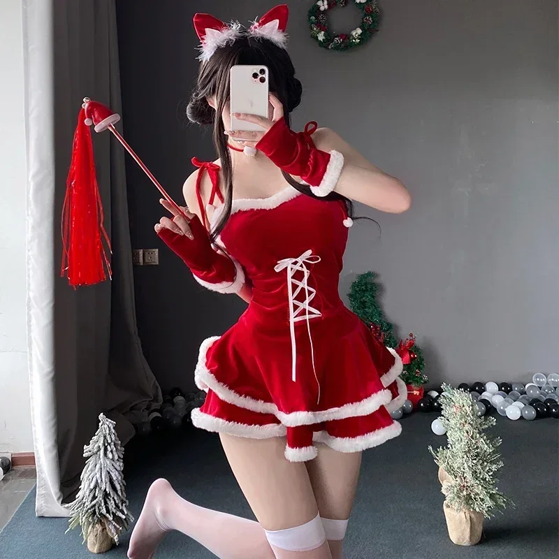 Ensemble de robe de Noël en velours rouge pour femme, uniforme de lapin pour fille, lingerie sexy, fête d'Halloween, boîte de nuit, performance