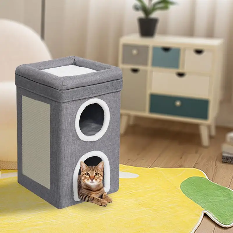 3Tier Cat House Hideaway Playhouse with Cat Scratcher Cat Condo Scratching Pad Multifunctional Kitten Activity Center For Indoor