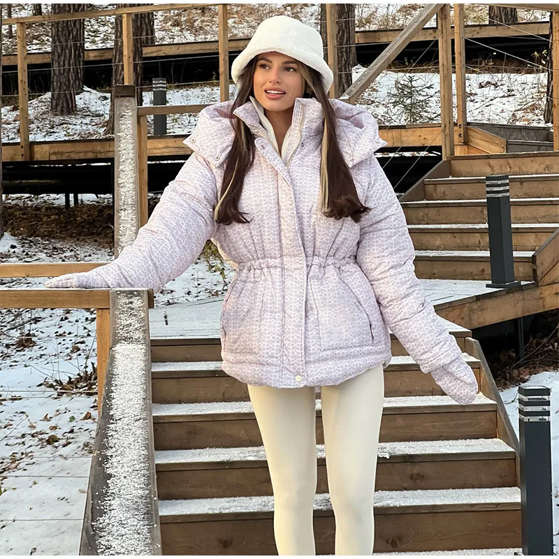 Upgraded Thickened Allover Printed Mid Length Padded Coat Stand Collar Drawstring Waist Windproof 2026 Winter Women Outer Jacket
