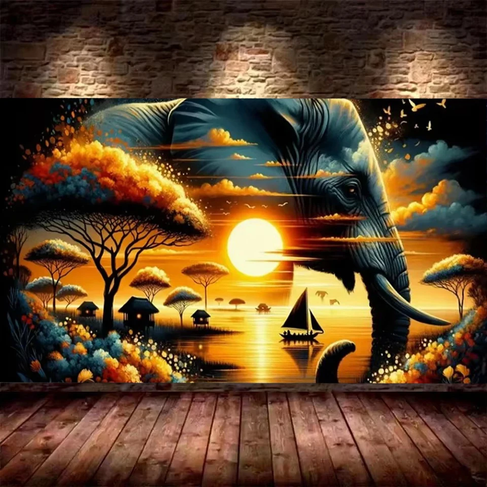 Vibrant Elephant African Landscape Sunset Diy Diamond Painting Large Size Full Diamond Mosaic Art Embroidery Home Decor Gift