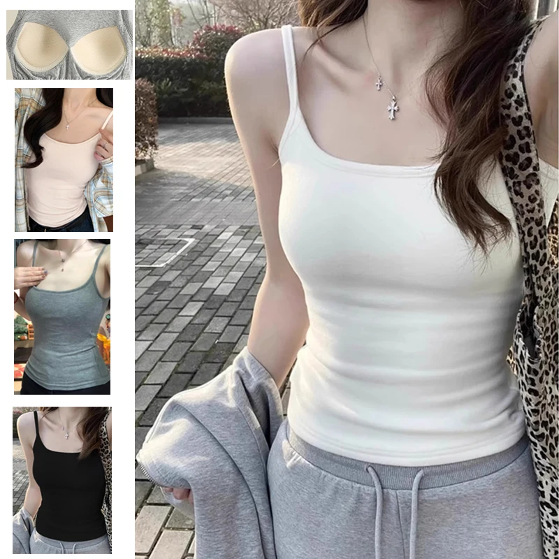 1pcs Girls Padded Bra Tank Top Women Casual Strap Top Vest Female Camisole With Removable Built In Bra Fitness Clothing S M L XL