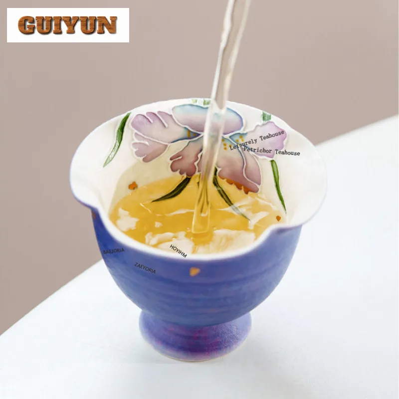 60ml Hand Painted Purple Iris Teacup Creative Tea Bowl Tea Cup Set Tea-tasting Meditation Cup Chazhan Master Cups Drinkware