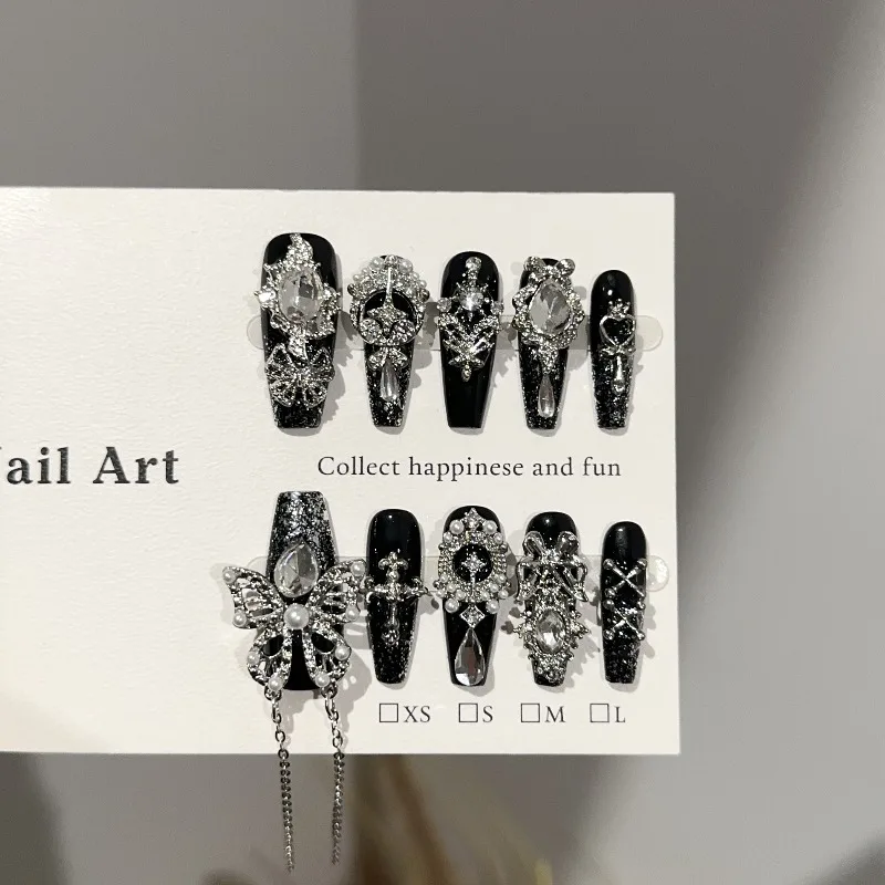 

10PCS Gothic Butterfly Cross Handmade Press on Nails Coffin Stiletto Shape Black with Rhinestone Details Luxe Punk False Nails