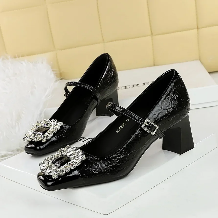 BIGTREE Spring Square Head Crystal Button Splice Women Pumps Kitten Thick Heel Fashion Silver Mary Jane Elegant Ladies Shoes