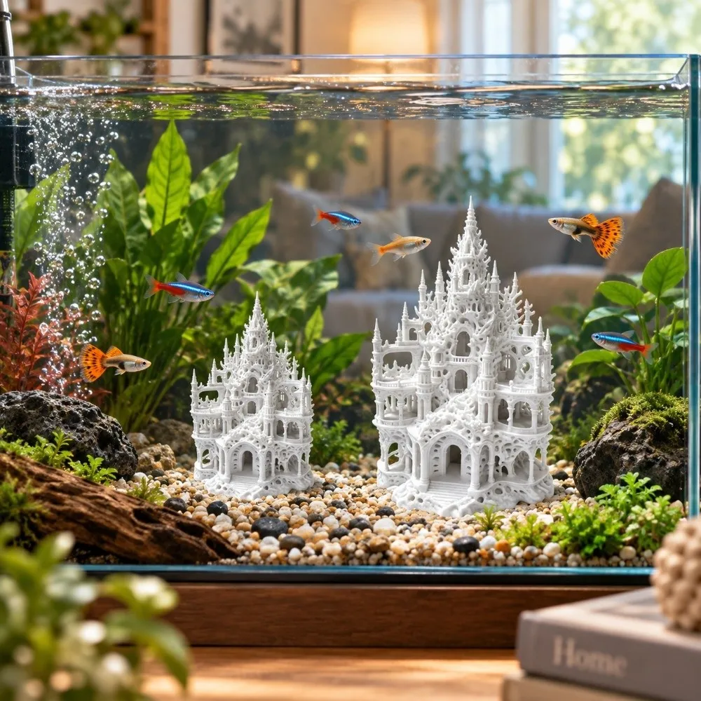 3D Printed Aquarium Castle Ornament Gothic Style Hollowed-out Fish Hiding House Natural Look Plastic Fake Castle Figurine
