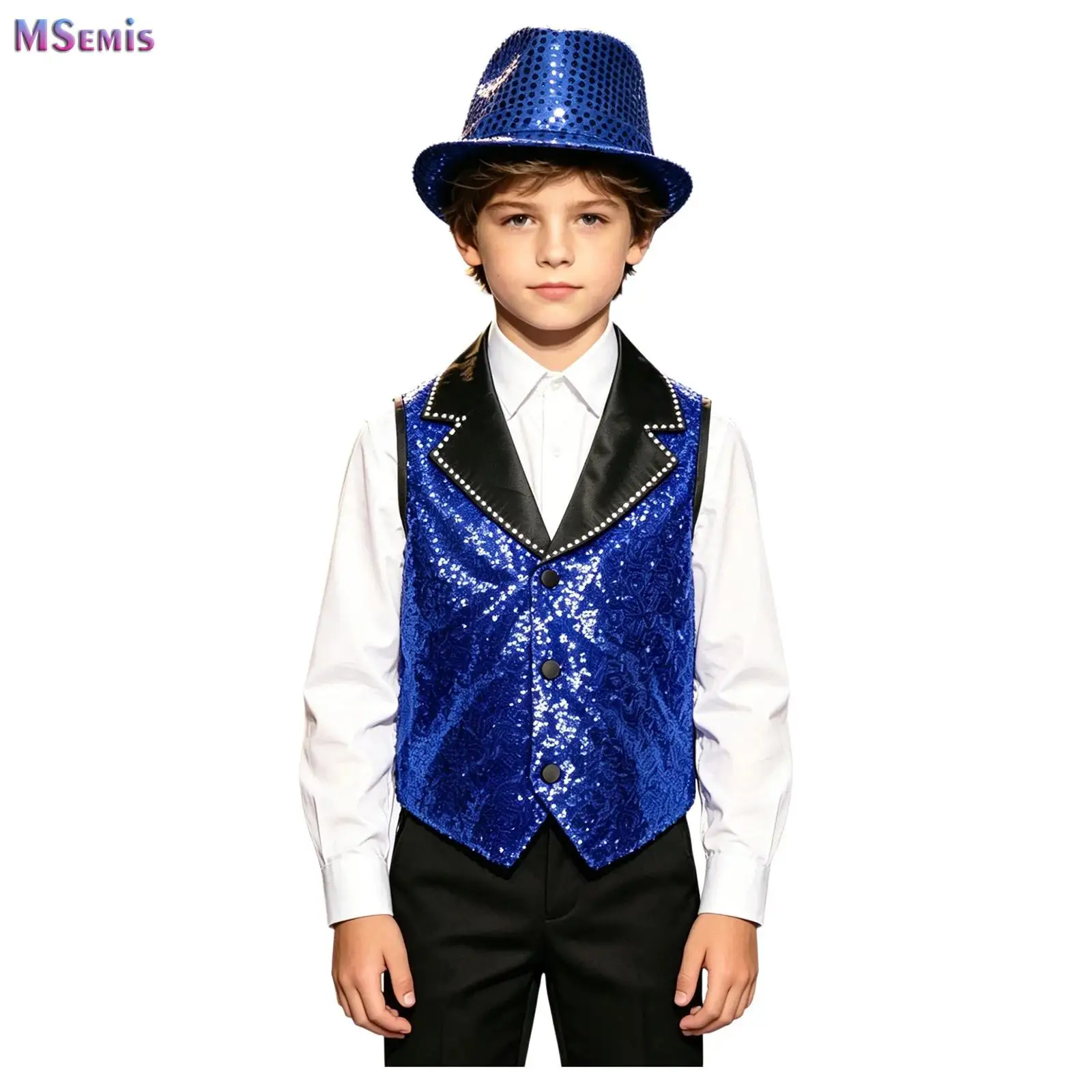 Kids Boys Girls Metallic Jazz Hip Hop Dance Vest with Hat Set Sequin Tassel Cap Sleeves Waistcoat Disco Party Stage Performance