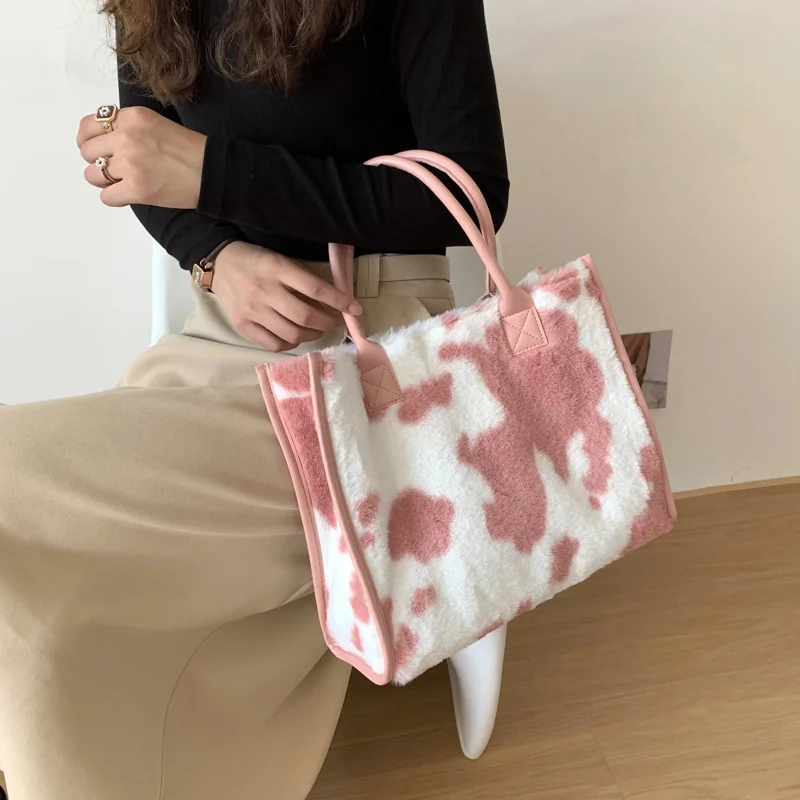 Frauen Weiche Plüsch Handtasche Neue Winter Leopard Kuh Druck Tragetaschen Weibliche Pu Leder Unterarm Taschen Pelzigen Flauschigen Schulter Tasche – Detail 8