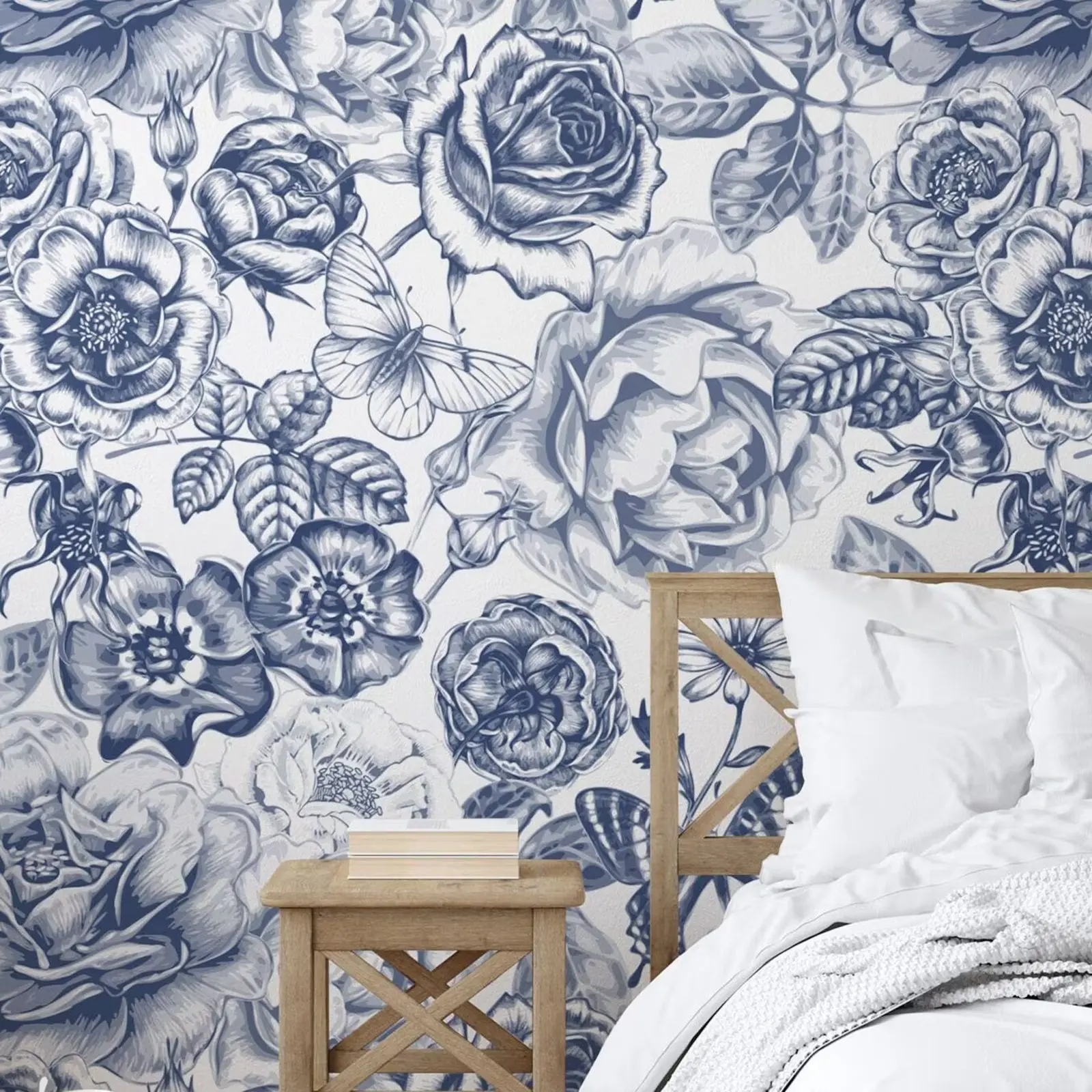 Blue Botanical  Floral Wallpaper,Rose Flower Wall Covering Peel and Stick Wallpaper For Home Decor,Self-adhesive Or Traditional