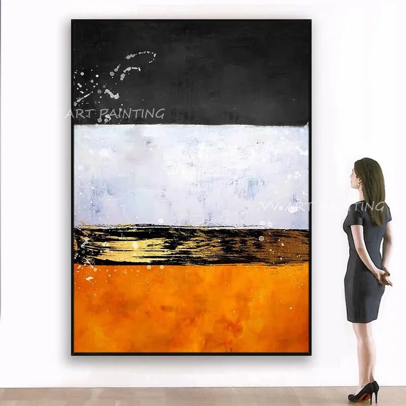 Modern Horizon Abstract Artwork 100% Hand Painted Oil Painting, Bright Orange & Black Thick Texture Canvas Wall Decor Picture