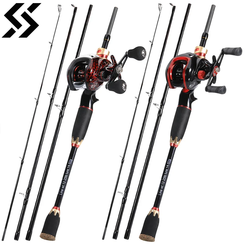 Sougayilang Casting Fishing Rod and Reel Combo 4 Section Carbon Fibre Rod and 7.2:1 High Speed Ratio Baitcasting Fishing Reel