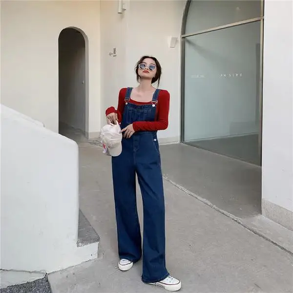 

Denim Jumpsuits Woman Side Women'S Incline Single Sheath Adult Unisex Ladies Round Outdoor Length Conjoined Stylish Slimfit