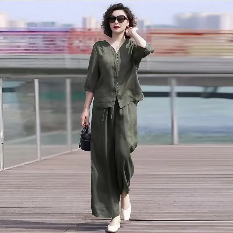 

Summer Cotton Linen Women's Set French V Neck Half Sleeve Blouse Wide Legs Pants Suit Solid Casual Two Piece Sets