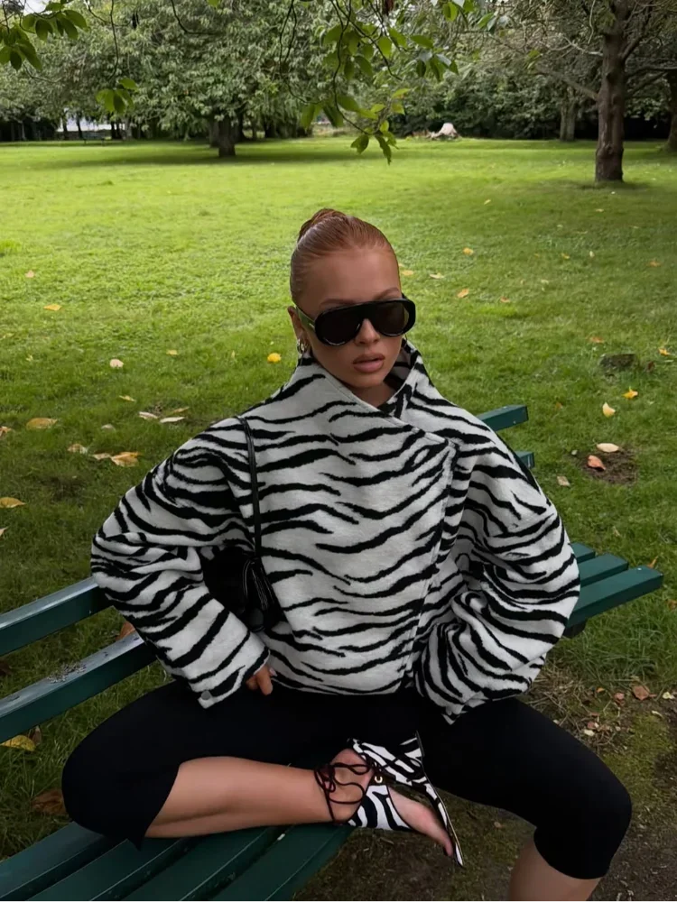 Women Zebra Print Oversized Short Coat High Neck Asymmetric Collar Long Sleeve Loose Warm Fleece Jacket Lady Winter Outerwear