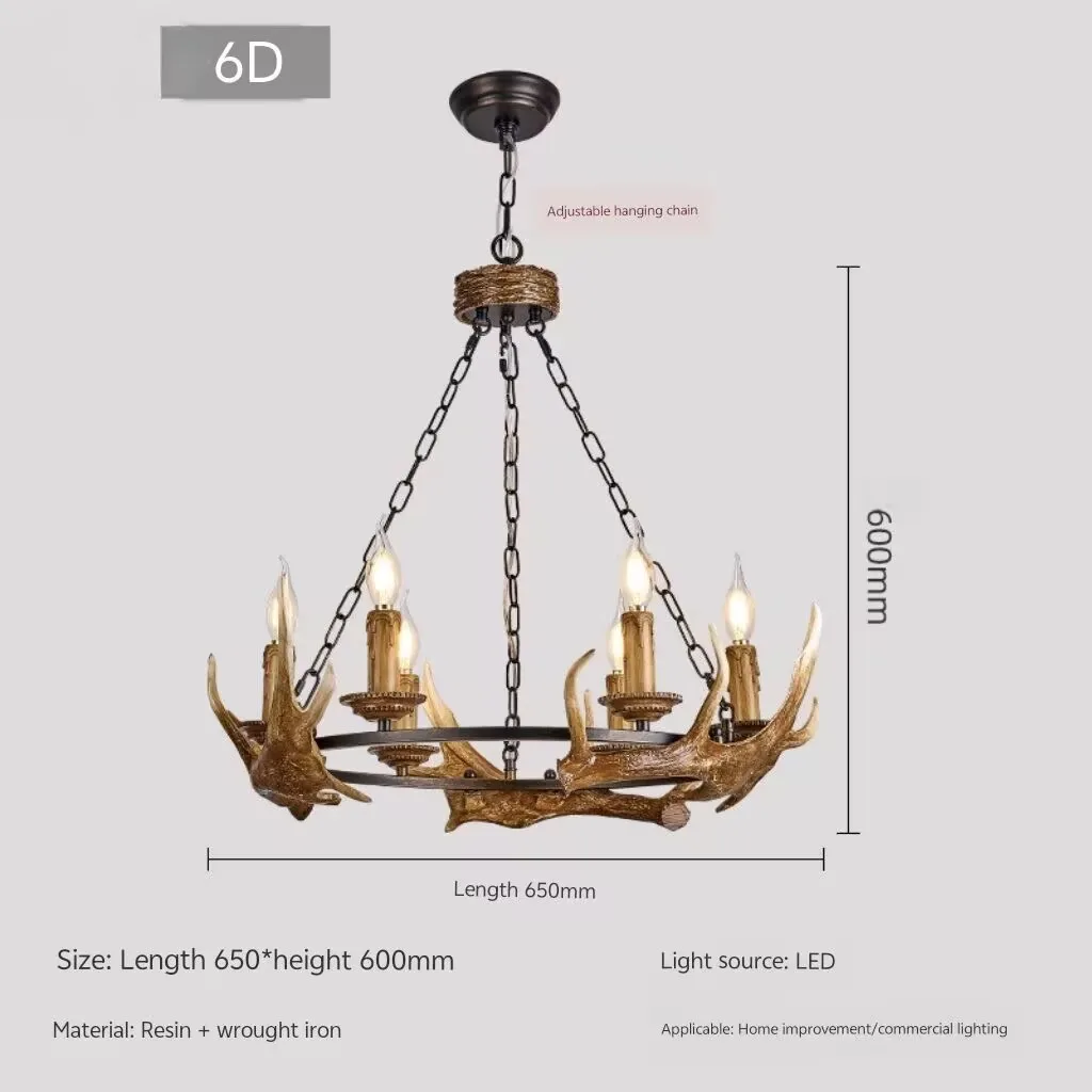 Retro industrial style living room chandelier, rustic themed hotel lighting, wooden cabin restaurant deer antler chandelier