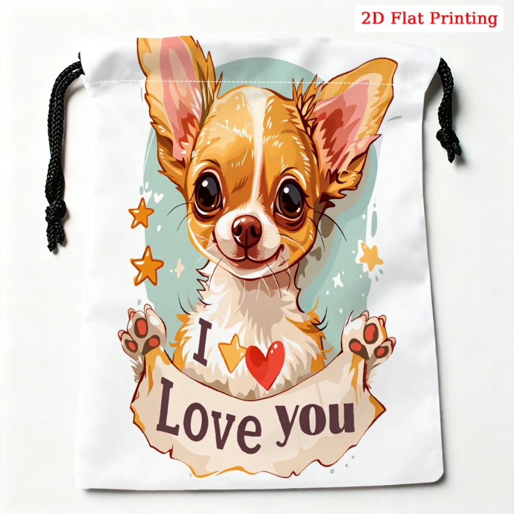1Pc Cartoon Chihuahua Dog Print Drawstring Bag White I Love You Pattern Storage Small Pouch For Travel Cosmetics Jewelry Organiz