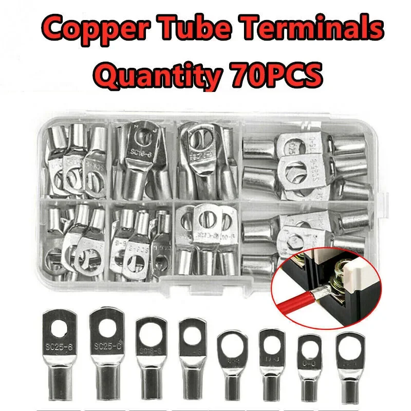 70pcs SC6/10/16/25 Copper Ring Terminal Kit Bare Crimp Wire Lugs Connectors Set for Automotive and Industrial Wiring