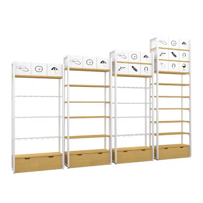 custom.Miniso White Wall Shelf Wood and Metal Shelves Retail Shelving