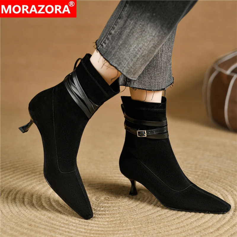 

MORAZORA 2025 New Kid Suede Ankle Boots For Women Stiletto High Heels Pointed Toe Autumn Winter Modern Boots Office Dress Shoes