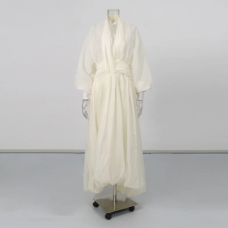 2026 Neuer Sanfter und Süßer Stil Langes Kleid mit Tiefem V-Ausschnitt, Laternenärmeln, Überkreuzter Taille und Vollem Rock Vestidos De Mujer – Detail 6