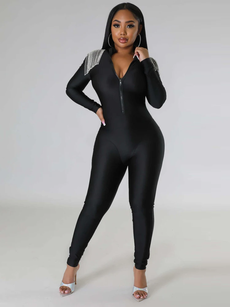 Women\'s tassel zipper long sleeved high waisted pencil tight jumpsuit black casual street casual fashion commuting jumpsuit 2024