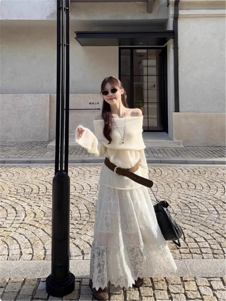 New Fall Fashion Women 2 Piece Sets Sexy Slash Neck Off Shoulder Knitted Sweater&long Lace Skirt Chic Two Pieces Dress Suits