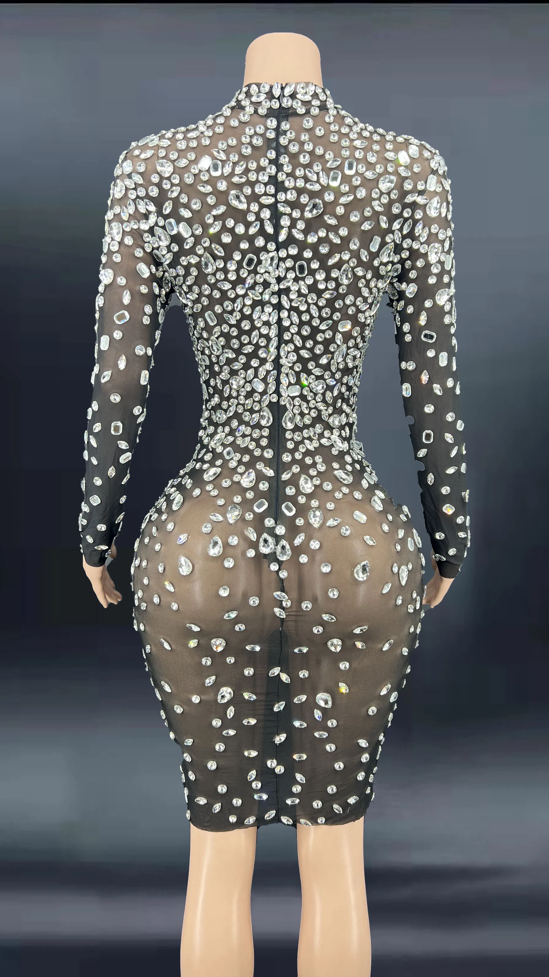 Bright Silver Rhinestones Long Sleeves Dress Sexy Stretch Transparent Costume Evening Celebrate Dresses plus size