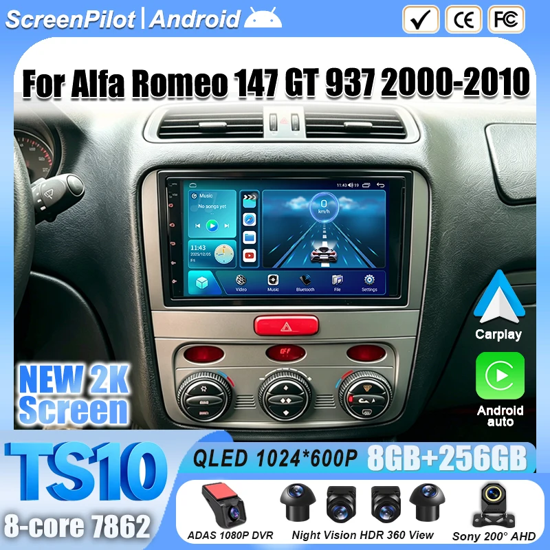 7 Inch Android 16 For Alfa Romeo 147 GT 937 2000-2010 Car Radio Stereo Head Unit Multimedia Video Player Android Auto RDS 8 Core
