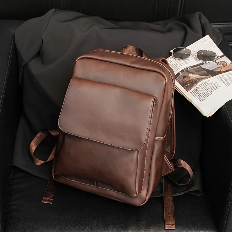 Retro Fashion Laptop Backpack Men Korean Style Flap Men\'s Backpacks High Quality PU Leather Travel Back Bag Student Schoolbags