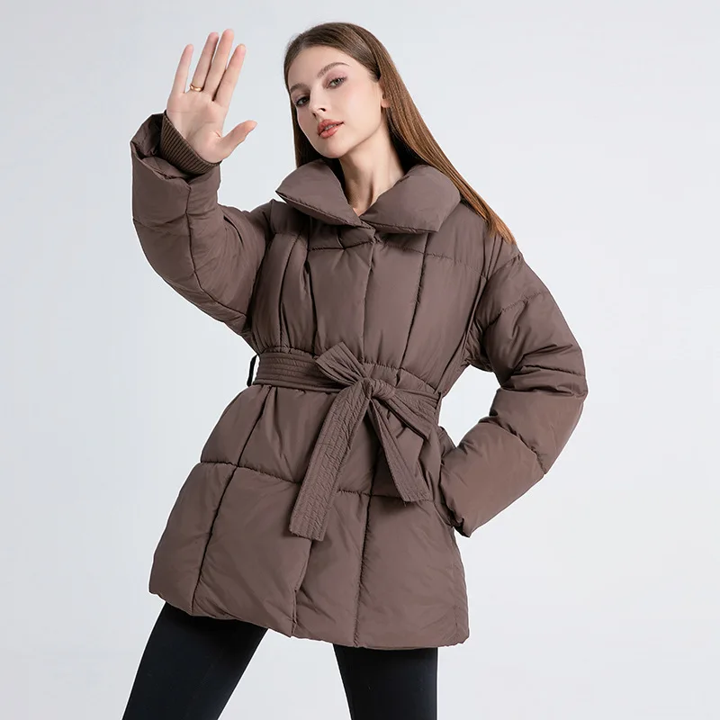 Women\'s Winter New Loose Casual Warm Stand Up Collar Belt Cotton Jacket Coat Parkas