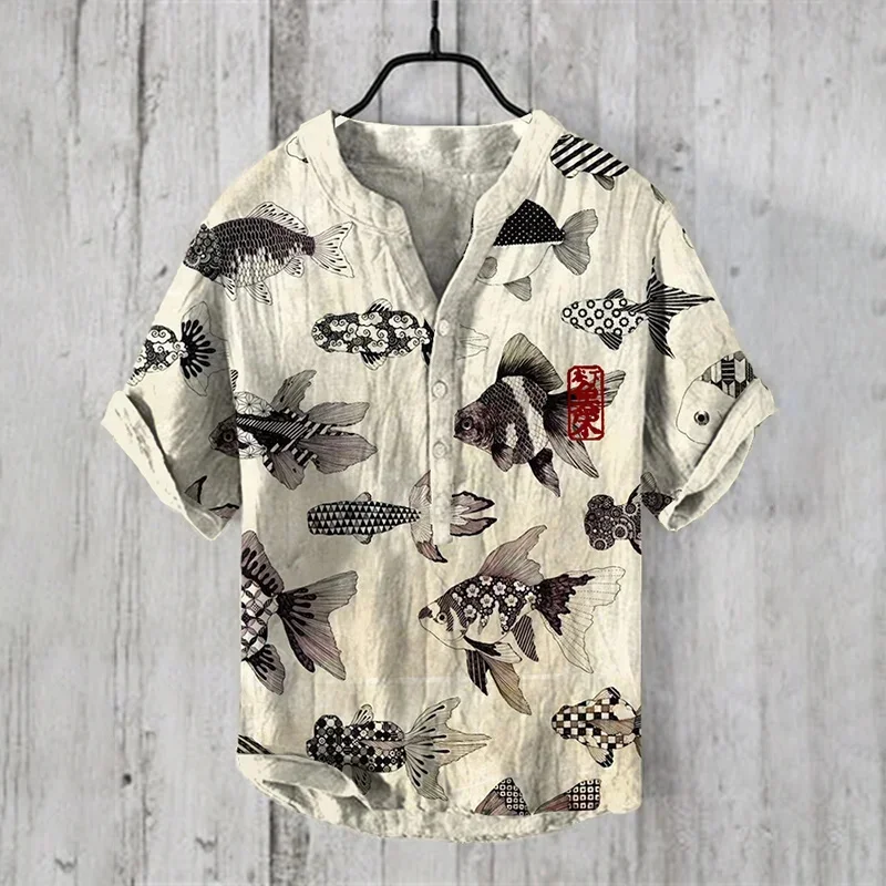 New 2024 Mens Casual Fashion Shirts Vintage Japanese Art Comfortable Cotton Linen V Neck Henley Shirt Hawaiian Vacation