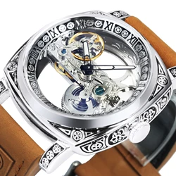 Forsining Square Luxury Skeleton Mechanical Watches Retro Engraved Case Golden Bridge Automatic Mens Watch Genuine Leather Strap