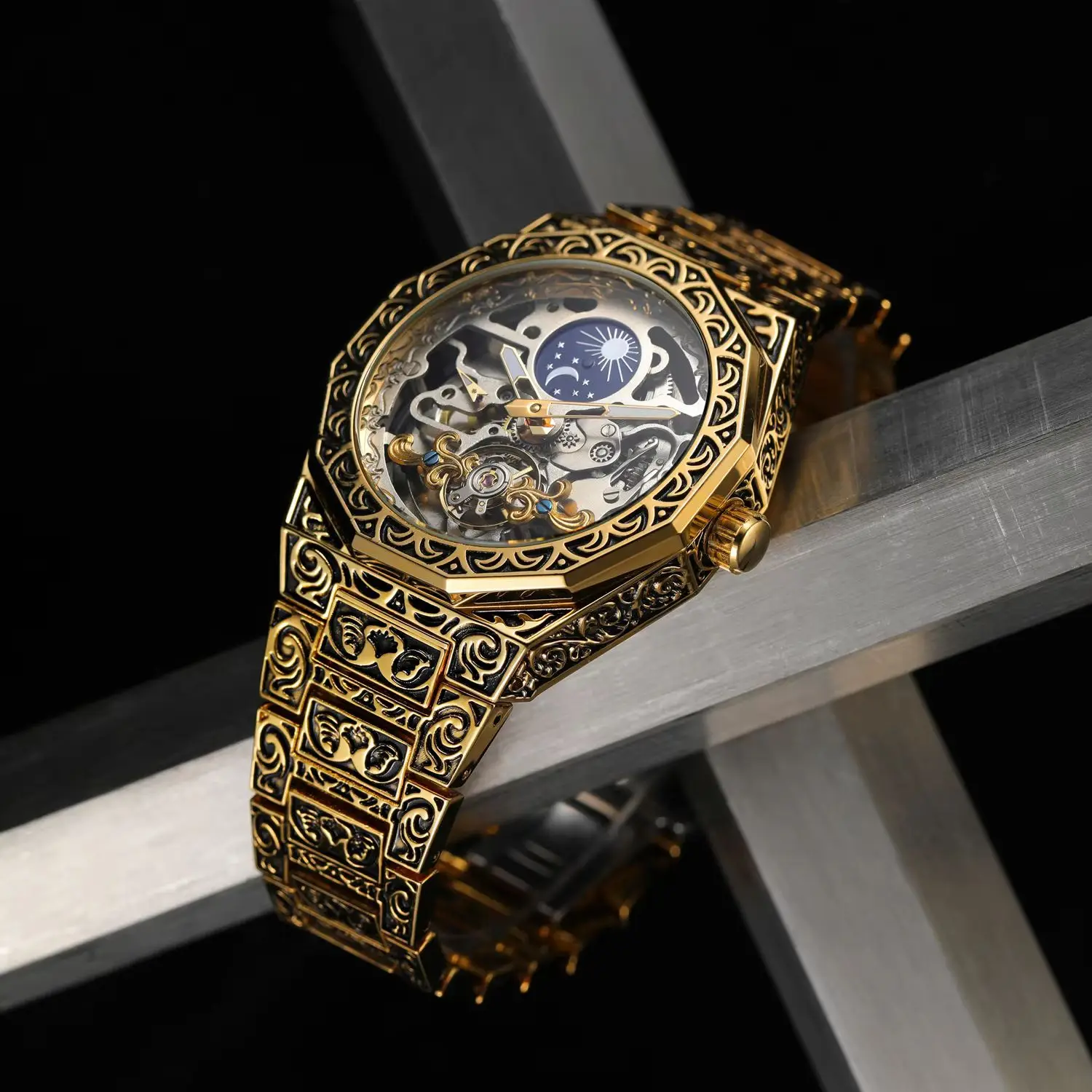 

Forsining Luxury Tourbillon Skeleton Automatic Mechanical Watch for Men Moon Phase Stainless Steel Strap Business Mens Watches