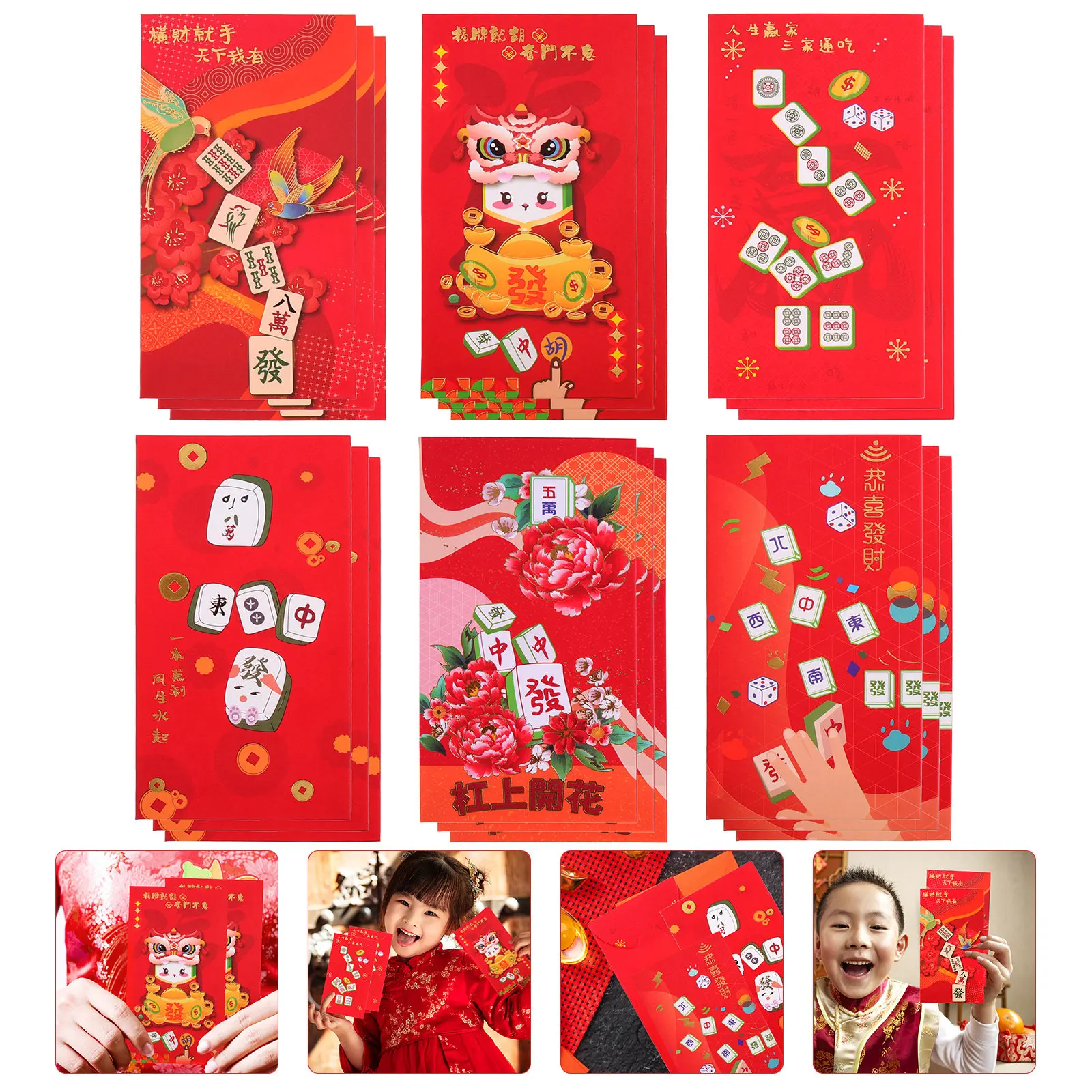 

18Pcs Chinese Hongbao with Mahjong Design Sturdy Paper Red Envelopes for New Year Wedding Birthday Money Pouch Gift
