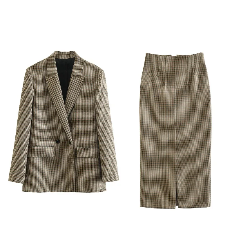 Grid Double Breasted Suit Jacket Vintage Long Sleeve Flap Pockets Female Outerwear Fashion Lapels Loose Straight Tube Skirt Suit