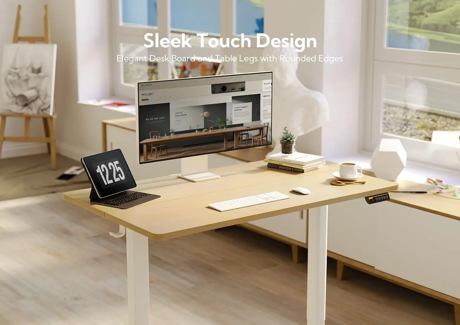 Sta-Bureau, Verstelbare Hoogte Opstaan Bureau, Inches Zitten Stand Thuis Bureau Met Splice Board, Wit Frame/Natuur Top