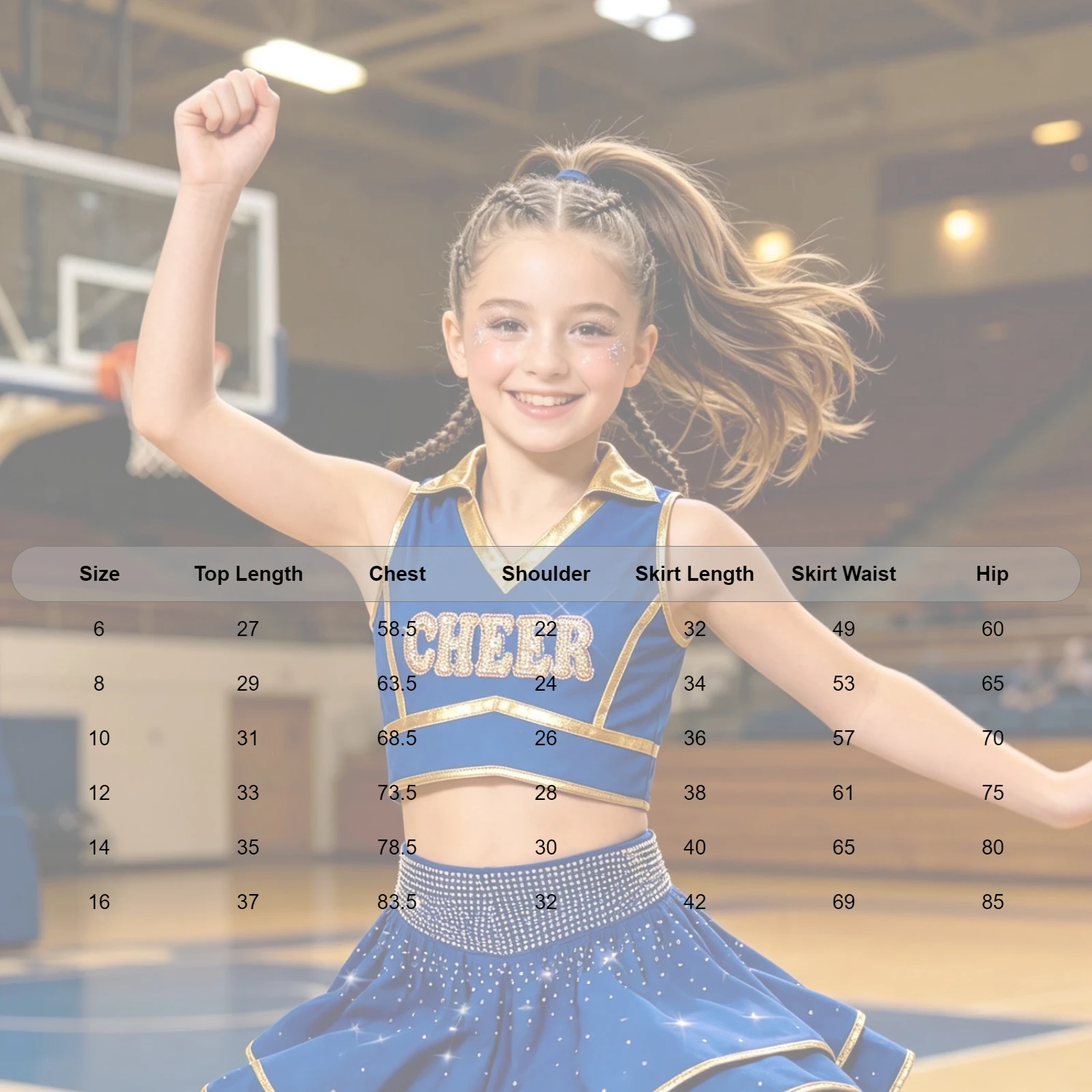 Cheerleader-Kostüm für Mädchen mit Metallic-Besatz, Strass-Cheerleading-Uniform, ärmelloses Crop-Top mit V-Ausschnitt und Rüschenrock – Detail 1