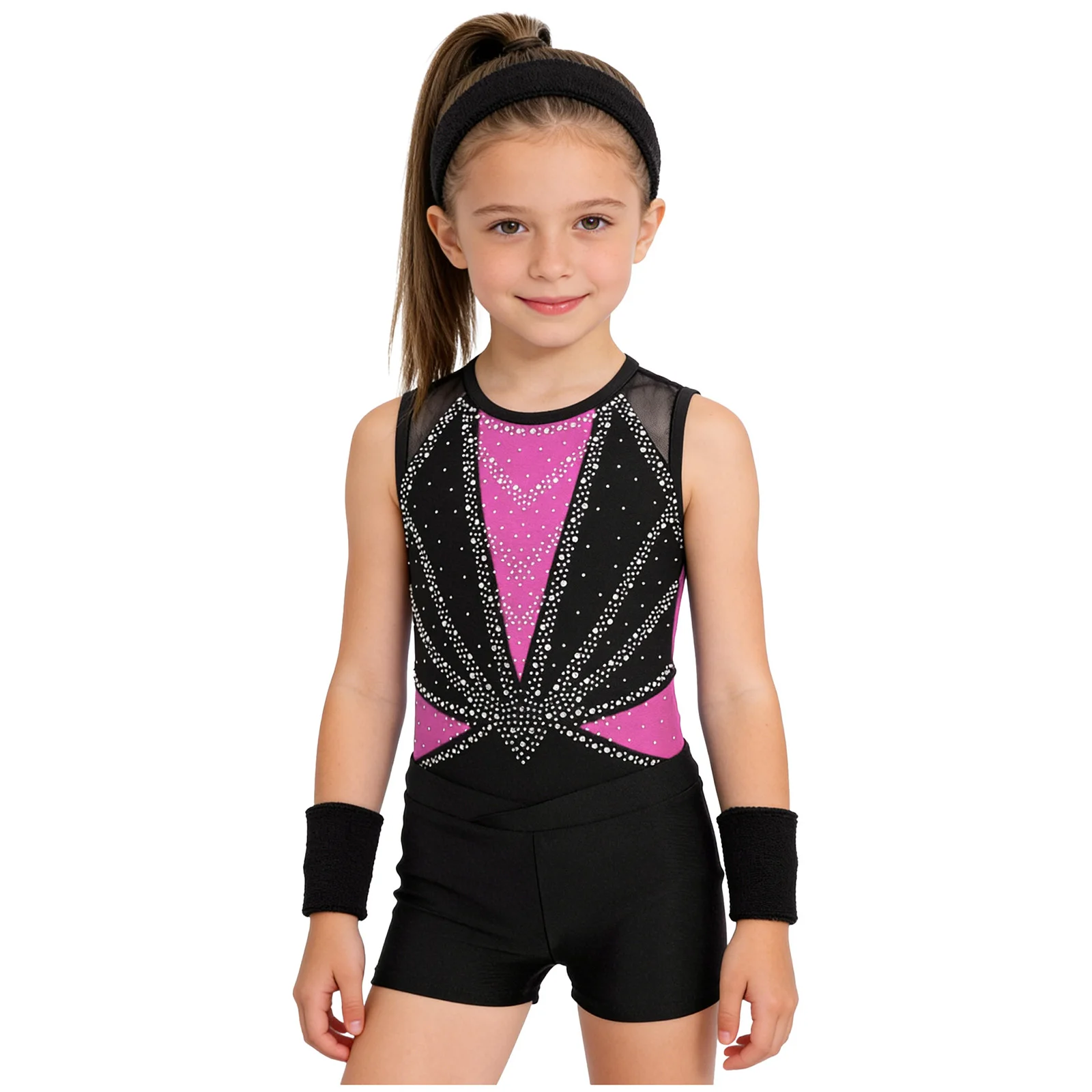 

Child Girls 4Pcs Ballet Dance Outfits Figure Skating Leotard and Sports Headband Wristbands Set for Ballroom Dancing Dancewear