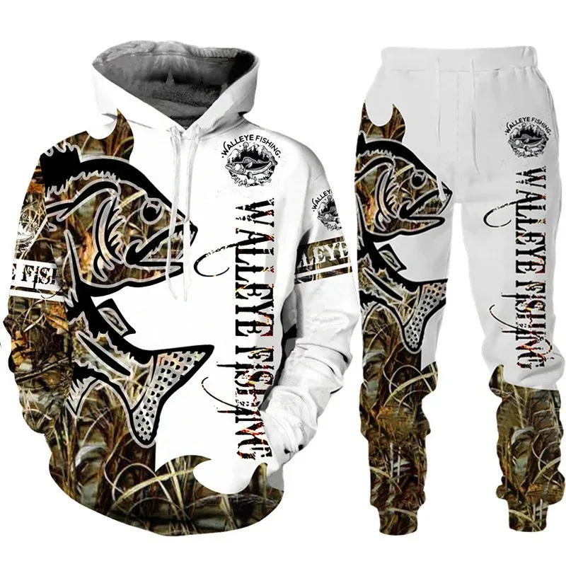 

Осенний комплект брюк с капюшоном 2024, мужская уличная одежда с 3D принтом для рыбалки, повседневная спортивная рубашка, спортивные штаны, комплект из двух предметов